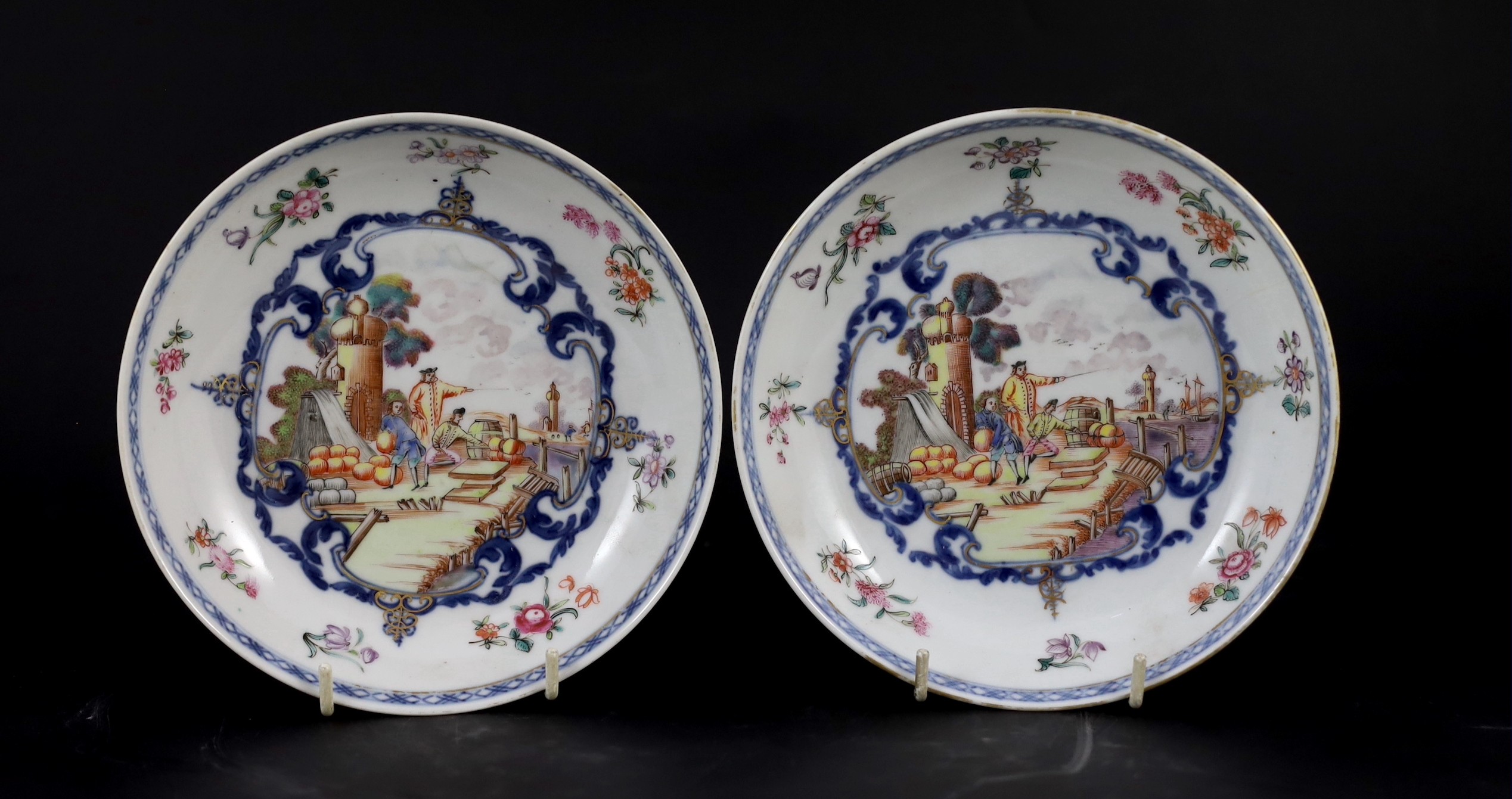 A pair of Chinese export European subject saucer dishes, Qianlong period, 16 cm diameter